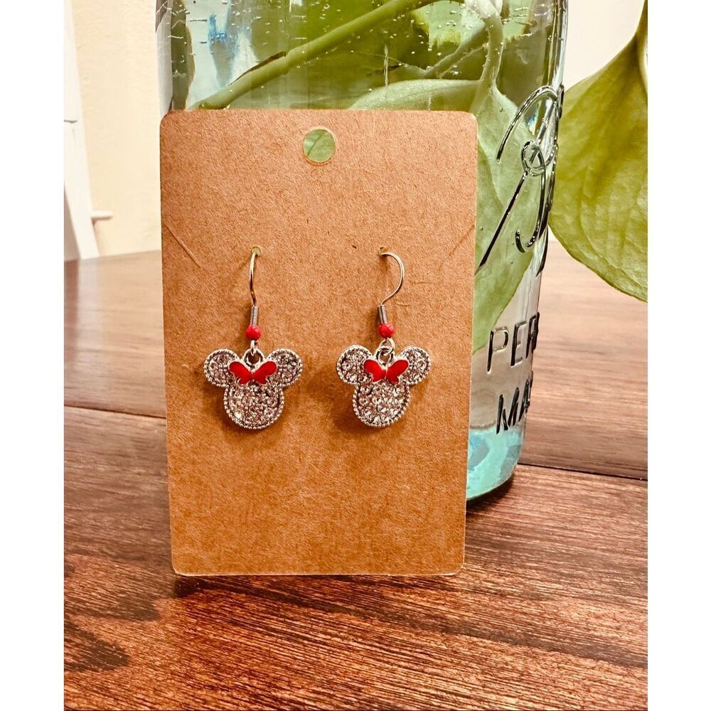 Minnie Mouse Silver and Red For Disneyland Dangle Drop Earrings New